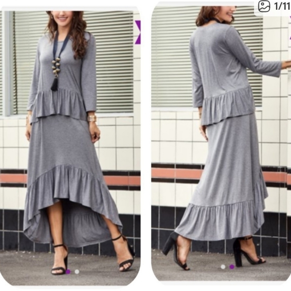 Suzanne Betro Gray Ruffle Hem Maxi Dress, Sz M, 19" PTP, 54" L (back)
